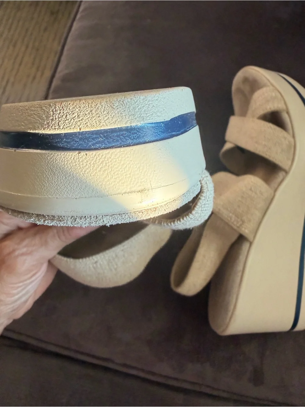 CHARLESTON SHOE CO. Neutral Tan Elastic Cross-Strap Wedge Sandals